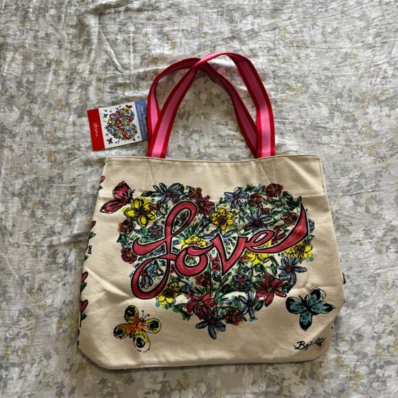 Brighton Beige Cream Pink Red Striped Birds Love Tweet Tote Bag Limited Edition - Picture 6 of 10